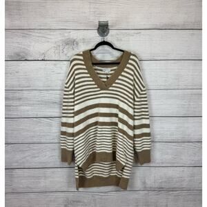 Ava & Viv Plus Size Cream & Tan Striped V-Neck Oversized Sweater Size 1X